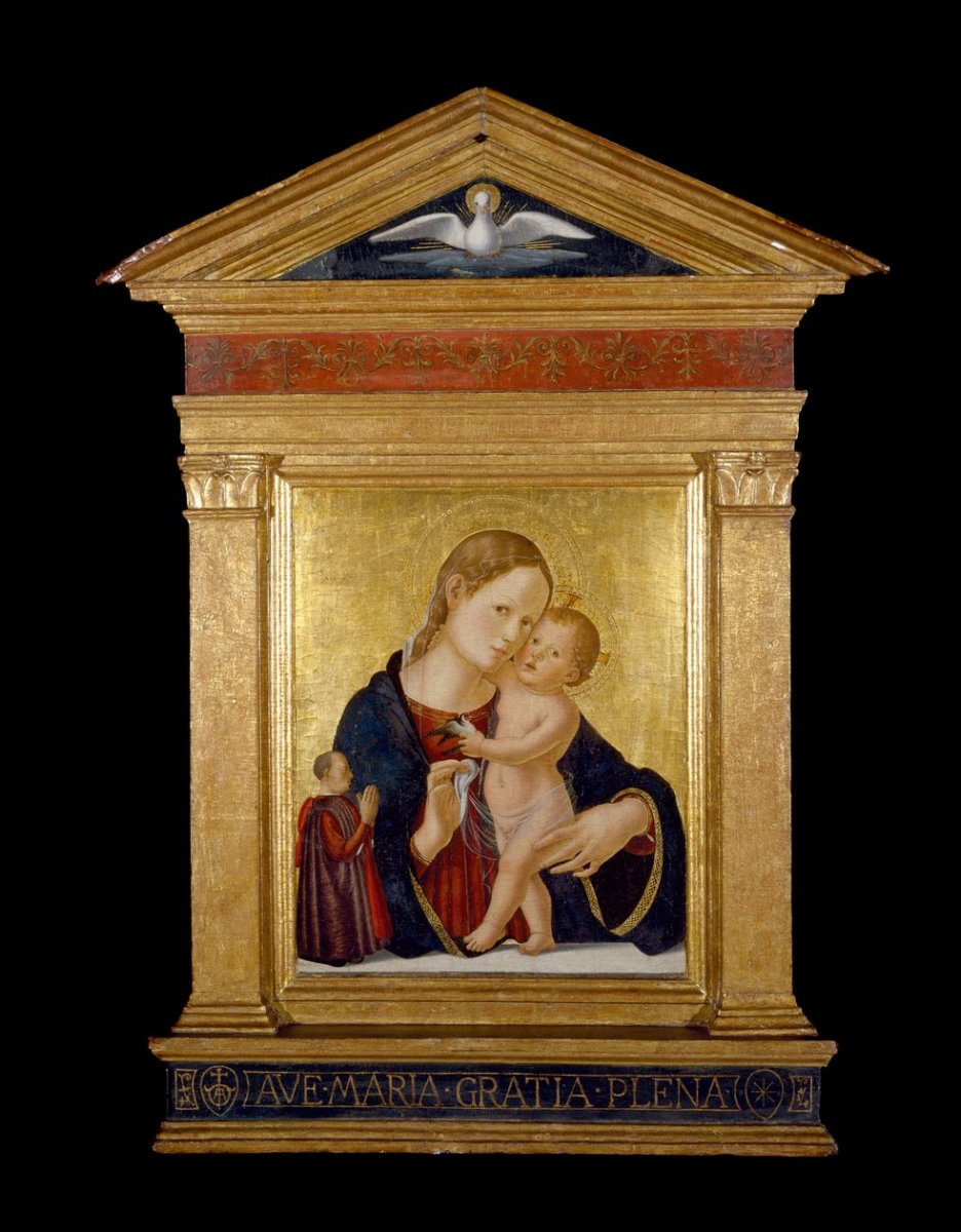 Antoniazzo_Romano_-_Virgin_and_Child_with_Donor_c1480_tempera_and_gold_leaf_on_panel_-_MeisterDrucke-566183