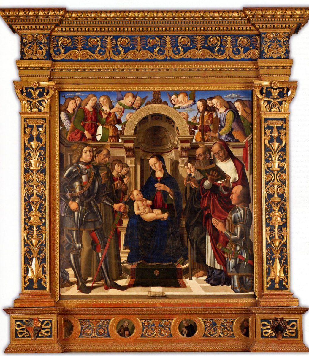Giovanni_Santi_-_Pala_Oliva_Madonna_and_Child_enthroned_between_Saints_George_Francis_of_Assisi_1_-_MeisterDrucke-1199513